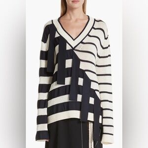 MONSE Grosgrain Stripe Sweater Black Ivory M NWT Striped Fringe v-neck $1350
